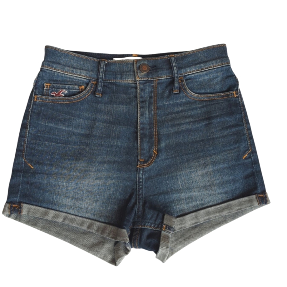 Hollister High Rise Cuffed Denim Mom Jean Shortie Shorts 0 Blue W24 Pockets